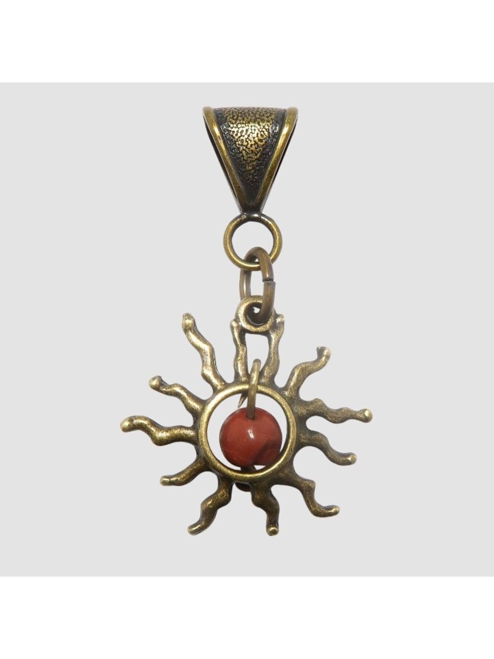 Red Jasper Pendant Flaming Sun Crystal Natural Gemstone Charm Antique Brass
